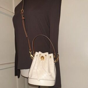 Tory Burch MINI Beige Perforated Drawstring Bucket Bag Brown Strap Gold NWOT